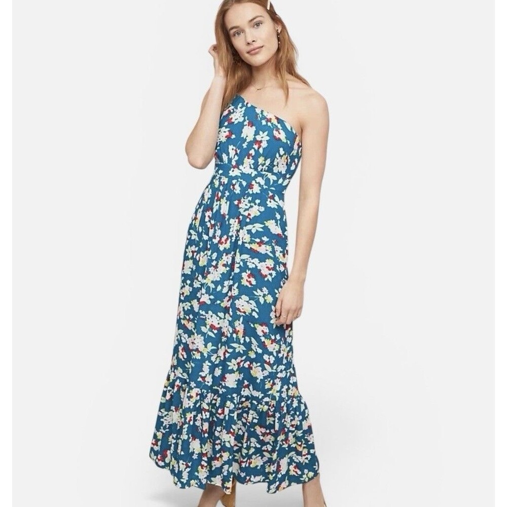 NWT Anthropologie Bouquet One-Shoulder Maxi Dress Blue Floral Size 12P NEW $170